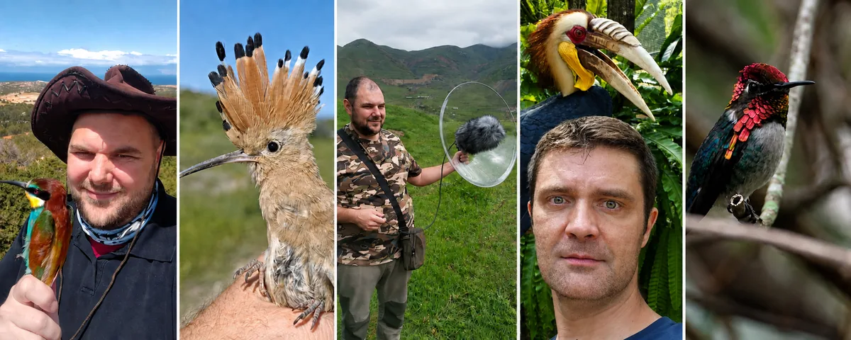 Photo collage of Marko Ratić and Marko Raković with birds, field sound recording, a hoopoe and a hummingbird