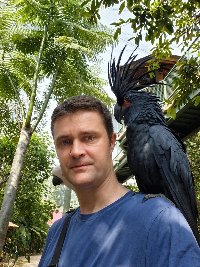 Marko Ratić with a black cockatoo perched on his shoulder