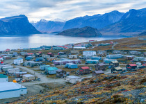 Pangnirtung, Canada - 09.03.2019: View of a remote Inuit community of Pangnirtung, Nunavut, Canada. Early morning before sunrise in Pangnirtung fjord. The north.