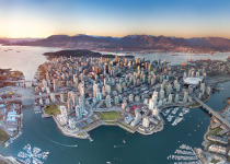 A panoramic drone view of Vancouver downtown.