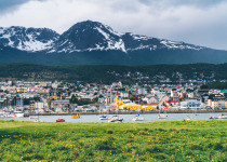 Ushuaia cityscape at sunset - Patagonia, Argentina. View from the harbor.