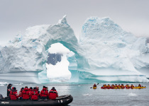 Zodiac and kayakers in Antarctica