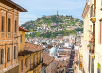 High angle view t in old town of Quito on sunny day.