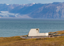 A qamutiik, the wooden single sledge runner using by the inuit - eskimo people in winter, Pond inlet, Canada.