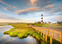 Part of the beautiful Cape Hatteras National Seashore, the Bodie Island Lighthouse is an Iconic Lighthouse of Nags Head Outer Banks North Carolina. This incredible stretch of coastal barrier islands along the east coast of NC is known for its amazing beac