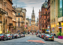 George Street with St George's Tron Church of Scotland in downtown Glasgow, Scotland.