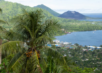 Lookout view of town in Rabaul with Mountain, Volcano and ocean in the background
