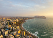 Aerial view of Miraflores and its boardwalk in Lima. Peru
